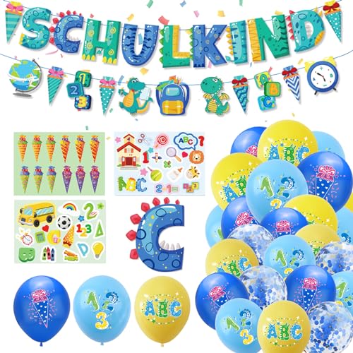 Einschulung Deko Schulkind Deko Schuleinführung Junge Schulanfänger Schulanfang Deko Set - Blau SCHULKIND Girlande + Schultüte Banner + Luftballons Einschulung mit ABC/Zuckertüte + Aufkleber von Winwild