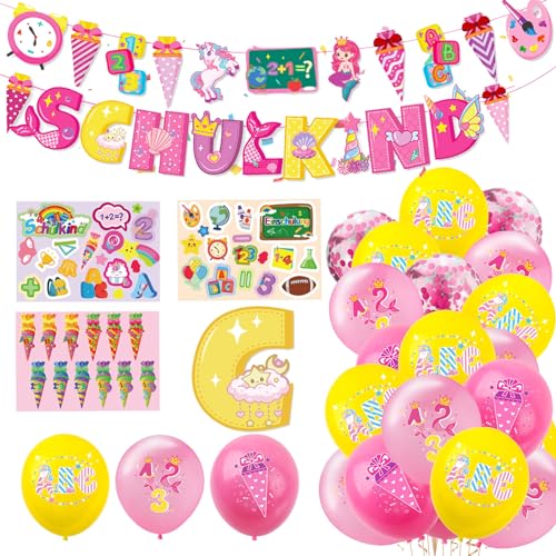 Einschulung Deko Schulkind Deko Schuleinführung Mädchen Schulanfänger Schulanfang Deko Set - Rosa SCHULKIND Girlande + Schultüte Banner + Luftballons Einschulung mit ABC/Zuckertüte + Aufkleber von Winwild