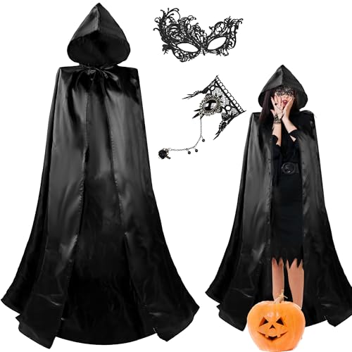 Halloween Umhang Damen mit Accessoires Maske & Finger Kette,140/150/170cm Schwarzer Umhang mit Kapuze Halloween Kostüm Vampir Umhang Schwarz Satin Cape Darth Vader Umhang Vampir Kostüm Erwachsene von Winwild