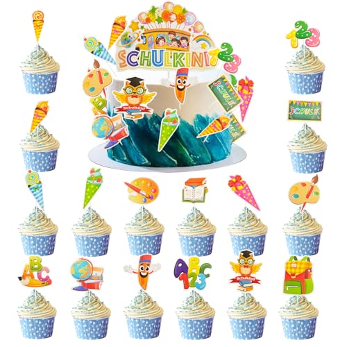 Tortendeko Einschulung 38 Stück SCHULKIND Tortendeko Zuckertüte Kuchendeko Schulanfang ABC 123 Cake Topper Einschulung Tortenaufleger Schultüte Cupcake Topper für Schulanfangparty Mädchen Junge von Winwild