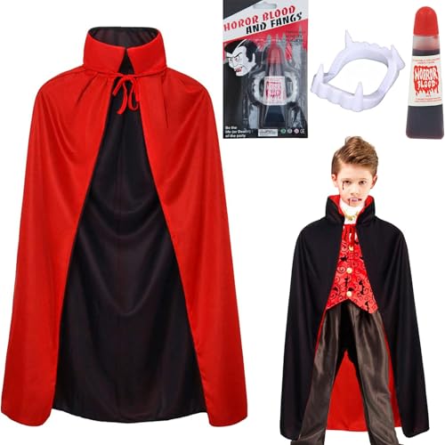 Winwild 3 Stück Vampir Kostüm Herren Set,150CM Vampir Umhang Halloween mit Vampir Zähne & Kunstblut,Halloween Umhang Schwarz Rot Vampir Cape Dracula Umhang Halloween Kostüm Erwachsene von Winwild