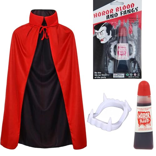 Winwild 3 Stück Vampir Kostüm Kinder Set,120CM Vampir Umhang Halloween mit Vampir Zähne & Kunstblut,9-12 Jahre Halloween Umhang Schwarz Rot Vampir Cape Dracula Umhang Halloween Kostüm Jungen Mädchen von Winwild