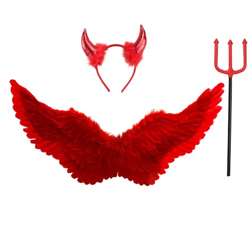 3er Engelsflügel Rot mit Teufelshörner & Zauberstab Set,Engel Flügel 60CM Engel Teufel Feen Kostüm Kinder Accessoires für Halloween Karneval Cosplay Party Fasching Verkleidung von Winwild