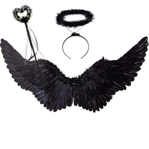 Winwild 3er Engelsflügel Schwarz Groß mit Heiligenschein & Zauberstab Set,105 cm Schwarzer Teufels Flügel Engel Kostüm Damen Accessoires für Halloween Karneval Cosplay Party Fasching Verkleidung von Winwild