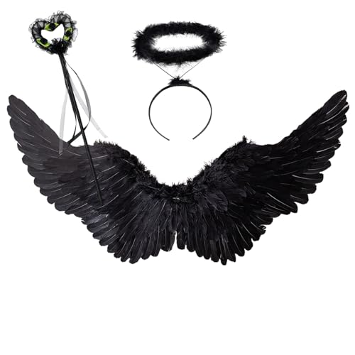 3er Engelsflügel Schwarz mit Heiligenschein & Zauberstab Set,75 cm Schwarzer Flügel Engel Teufel Kostüm Damen Accessoires für Halloween Karneval Cosplay Party Fasching Verkleidung Erwachsene von Winwild