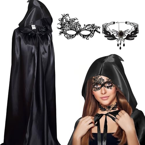 Winwild 3er Halloween Kostüm Umhang Set,120CM Schwarzer Umhang mit Kapuze & Maske & Halskette,Halloween Darth Vader Vampir Umhang Kostüm Kinder Halloween Cape Satin für Karneval Fasching Partys von Winwild