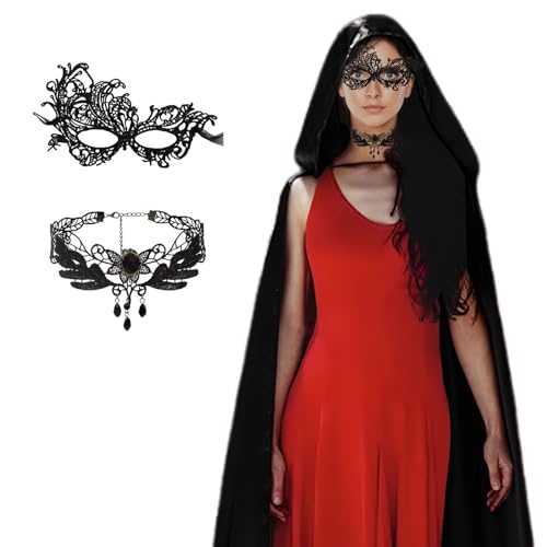 Winwild 3er Halloween Kostüm Umhang Set,120CM Schwarzer Umhang mit Kapuze & Maske & Halskette,Halloween Darth Vader Vampir Umhang Kostüm Kinder Halloween Cape Satin für Karneval Fasching Partys von Winwild