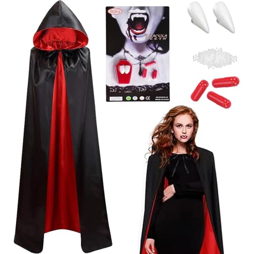 Winwild Halloween Vampir Kostüm - Doppelt SATIN Umhang mit Kapuze & Vampirzähne & Kunstblut,120/140/150 cm Halloween Umhang Vampir Rot Schwarz Cape Dracula Kostüm Erwachsene Damen Mädchen von Winwild