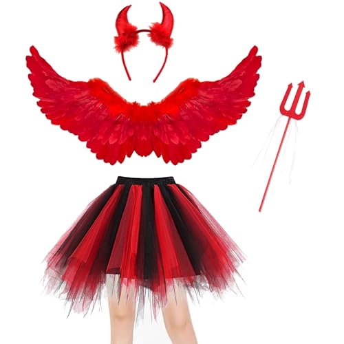 Winwild 4 Stück Engel Kostüm Damen Set 80CM Engelsflügel Rot Erwachsenes Engel Teufel Feen Kostüm Tüllrock mit Teufelshörner Zauberstab für Karneval Halloween Cosplay Fasching Verkleidung von Winwild