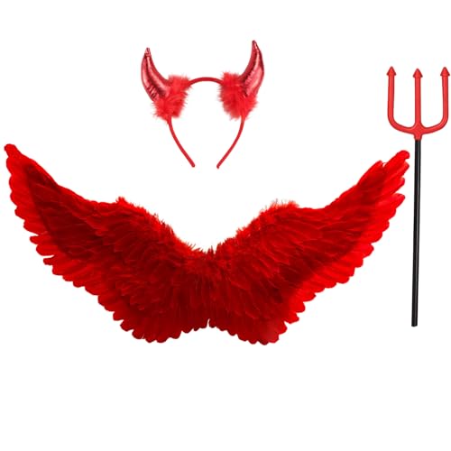 Winwild 75CM Engelsflügel Rot mit Teufelshörner & Zauberstab Set,Erwachsene Engel Flügel Damen Engel Teufel Feen Kostüm Accessoires für Halloween Karneval Cosplay Party Fasching Verkleidung von Winwild