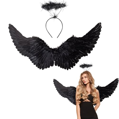 Winwild Engelsflügel Schwarz mit Heiligenschein Set,75 cm Schwarzer Flügel Engel und Teufel Kostüm Damen Erwachsene Halloween Accessoires für Halloween Karneval Cosplay Party Fasching Verkleidung von Winwild