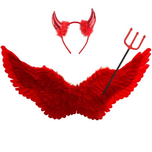 Winwild Engelsflügel Rot Groß mit Teufelshörner & Zauberstab Set,105CM Engel Flügel Erwachsene Engel Teufel Feen Kostüm Accessoires für Halloween Karneval Cosplay Party Fasching Verkleidung von Winwild