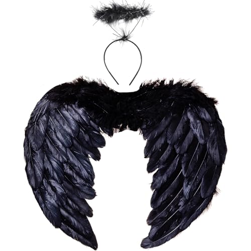 Winwild Engelsflügel Schwarz mit Heiligenschein Liebe Engel Flügel Kinder Engel Kostüm Feder Flügel Dunkler Engel Kostüm Kinder Halloween Karneval Cosplay Accessoires(45CM×35CM) von Winwild