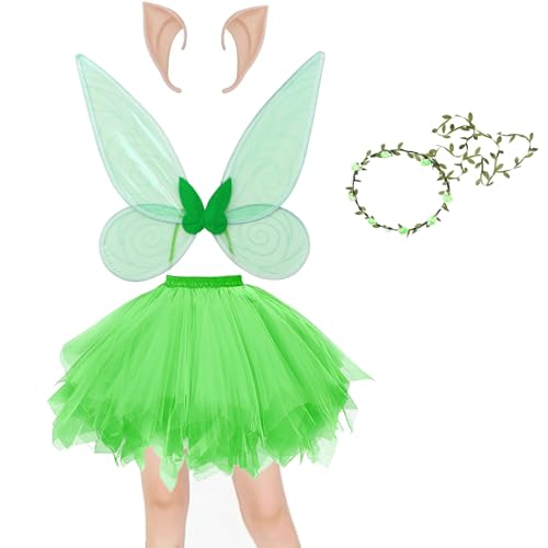 Winwild Feen Kostüm Damen Set,4er Elfe Kostüm Tüllrock mit Elfen Fee Flügel & Elfenohren & Blumenkranz Zahnfee Waldfee Faschingskostüme Damen Nymphe Cosplay Forest Fairy Costume(Grüner) von Winwild