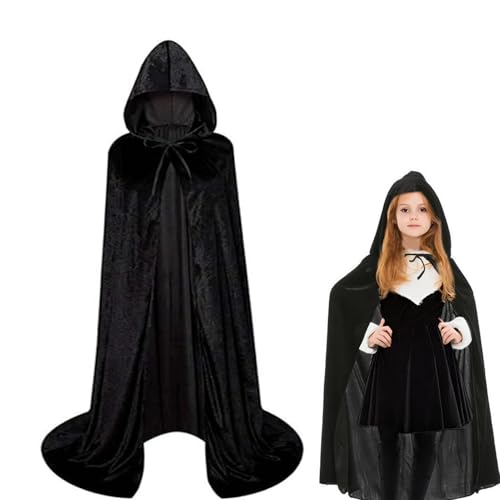 Winwild Halloween Umhang Kinder 120CM Schwarzer Umhang mit Kapuze Samt Cape Vampir Kostüm Mädchen Junge für Karneval Halloween Cosplay(S) von Winwild