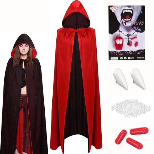 Halloween Vampir Kostüm - Beidseitig Rot Schwarz Umhang mit Kaputze & Vampirzähne & Kunstblut,140 cm Vampir Umhang Halloween Cape Dracula Kostüme Kinder Mädchen für Halloween Fasching Karneval von Winwild