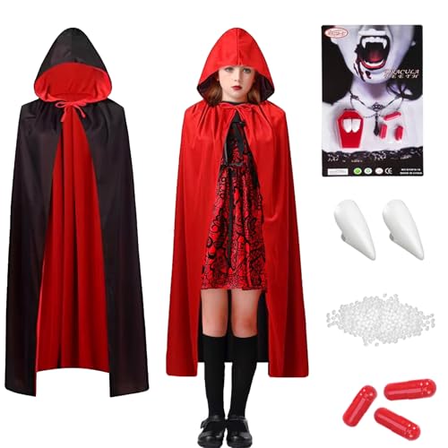 Halloween Vampir Kostüm - Beidseitig Rot Schwarz Umhang mit Kaputze & Vampirzähne & Kunstblut,120 cm Vampir Umhang Halloween Cape Dracula Kostüme Kinder Mädchen für Halloween Fasching Karneval von Winwild