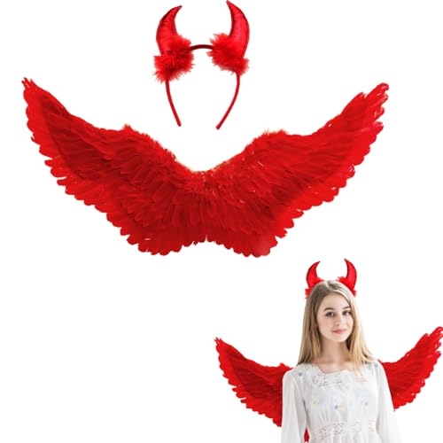 Winwild Engelsflügel Rot mit Teufelshörner Engel Flügel 60CM Engel Teufel Feen Kostüm Kinder Accessoires für Halloween Karneval Cosplay Party Fasching Verkleidung von Winwild