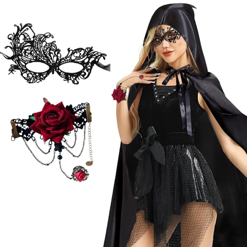 Winwild Schwarzer Umhang mit Kapuze,3er Halloween Umhang Kostüm Damen Set,140cm Darth Vader Vampir Umhang mit Maske & Gothic Finger Kette,Satin Cape Halloween Kostüm Vampir Kostüm Erwachsene von Winwild