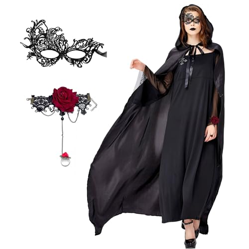 Winwild Schwarzer Umhang mit Kapuze,3er Halloween Umhang Kostüm Damen Set,140cm Darth Vader Vampir Umhang mit Maske & Gothic Finger Kette,Satin Cape Halloween Kostüm Vampir Kostüm Erwachsene von Winwild