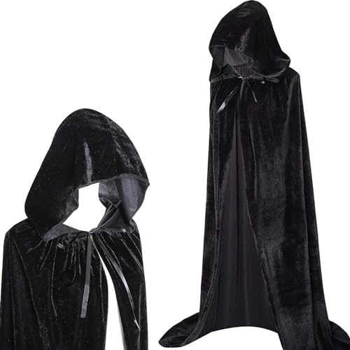 Winwild Schwarzer Umhang mit Kapuze,190CM Samt Cape Vampir Kostüm Damen Herren Erwachsener für Karneval Halloween Cosplay Kostüm(XXL) von Winwild