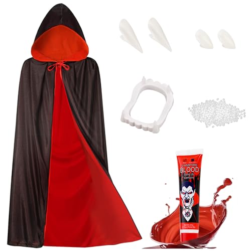 Winwild Unisex Vampir Umhang Kinder,Vampir Kostüm Set - 90cm Doppelseitig Halloween Umhang mit Kapuze & Zähne & Kunstblut,Schwarzer Rot Dracula Cape Halloween Kostüm Kinder Vampire Winwild Unisex Vampir Umhang Kinder,Vampir Kostüm Set - 90cm Doppelseitig Halloween Umhang mit Kapuze & Zähne & Kunstblut,Schwarzer Rot Dracula Cape Halloween Kostüm Kinder Vampire von Winwild