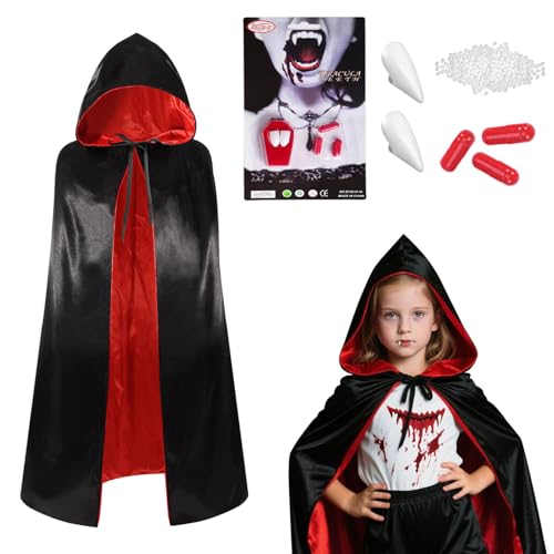 Winwild Vampir Kostüm Kinder Set,90cm Unisex Halloween Umhang mit Kapuze & Vampirzähne & Kunstblut,Doppelseitig Vampir Umhang Kinder Dracula Cape Vampire Kostüm Rot Schwarz Umhang Mädchen Jungen Winwild Vampir Kostüm Kinder Set,90cm Unisex Halloween Umhang mit Kapuze & Vampirzähne & Kunstblut,Doppelseitig Vampir Umhang Kinder Dracula Cape Vampire Kostüm Rot Schwarz Umhang Mädchen Jungen von Winwild