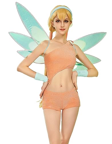 Winx Club Damen Stella Cosplay Feenkostüm Outfit One-Shoulder-Top und Shorts mit einem Paar Flügel von Winx Club