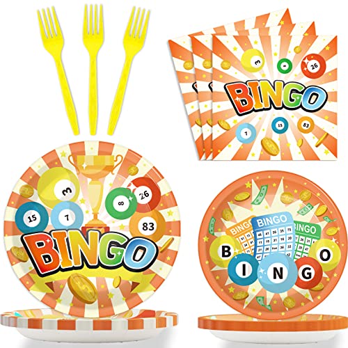 Bingo Party Supplies Pack für 24 Gäste Bingo Party Geschirr Set Party Dekorationen Bingo Geburtstag Pappteller Serviette Gabel 96 Stück von Wiooffen