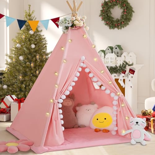 WIRHAO Tipi-Zelt für Kinder mit gepolsterter Matte, Baumwollleinen, Kinderzelt mit Pompon für Kleinkinder, Indoor-Kinderspielzelt für Mädchen Jungen mit Sternenlichtern, Tragetasche, Bannerflagge von Wirhao