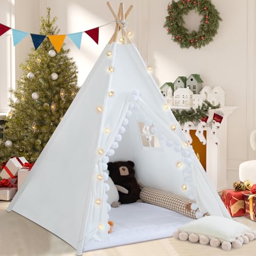 WIRHAO Tipi-Zelt für Kinder mit gepolsterter Matte, Baumwollleinen, Kinderzelt mit Pompon für Kleinkinder, Indoor-Kinderspielzelt für Mädchen Jungen mit Sternenlichtern, Tragetasche, Bannerflagge von Wirhao