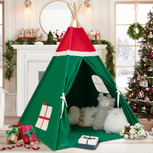 WIRHAO Tipi Zelt für Kinder mit gepolsterter Matte Baumwolle Canvas Tipi Kinder Zelt mit Pompom Indoor Kinderzelt für Mädchen Jungen mit Sternen Lichter, Tragetasche, Banner Flagge（Weihnachten von Wirhao