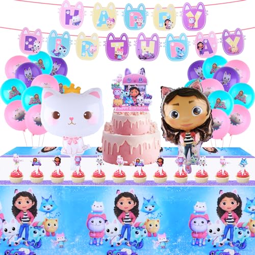 Cartoon Gabbys Dollhouse Luftballons Geburtstag Dekoration Set 47Stück Kinder Luftballon Kit mit Happy Birthday Banners Folienballons Thema Cupcake Toppers, Mädchen Geburtstag Partyzubehör von Wirhaut