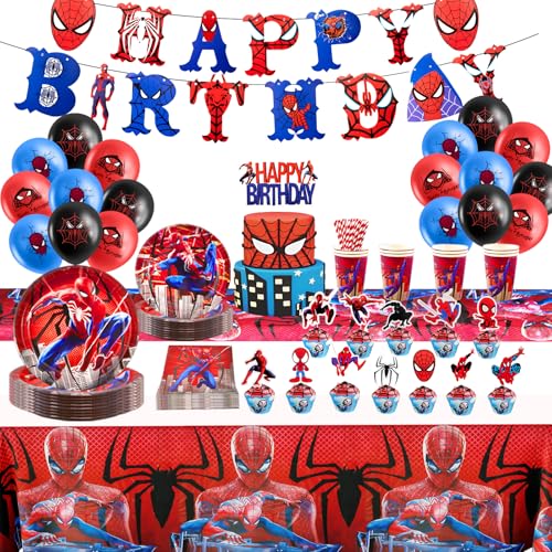 Spidey Geburtstagsdeko, 106 Stück Spid Geburtstagsparty Deko Partygeschirr Set, Kindergeburtstag Dekoration Luftballon Banner Tischdecke Teller für Kinder Jungen Theme Geburtstagsdeko Supplies von Wirhaut