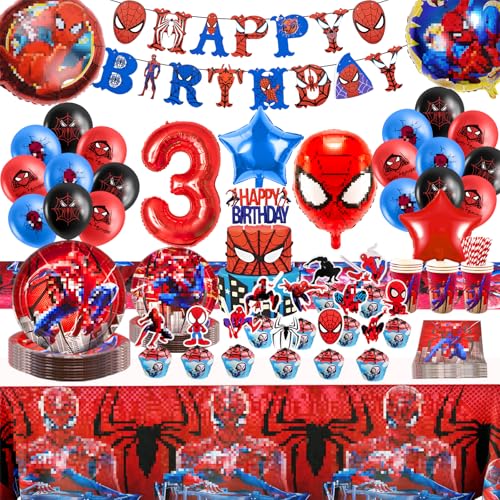 99 Stück Geburtstagsdeko 3 Jahre, Spidey Geburtstagsparty Deko Partygeschirr Set, Kindergeburtstag Dekoration Luftballon Banner Kuchendeko Tischdecke Teller für Kinder Jungen Geburtstagsdeko von Wirhaut