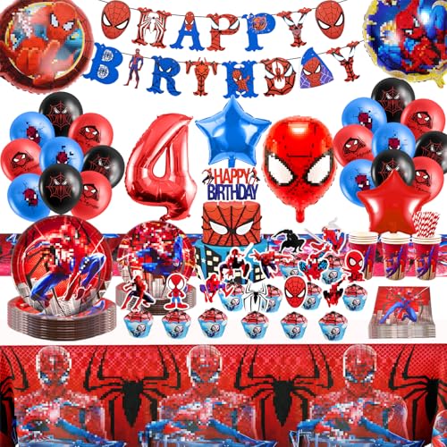 99 Stück Geburtstagsdeko 4 Jahre, Spidey Geburtstagsparty Deko Partygeschirr Set, Kindergeburtstag Dekoration Luftballon Banner Kuchendeko Tischdecke Teller für Kinder Jungen Geburtstagsdeko von Wirhaut