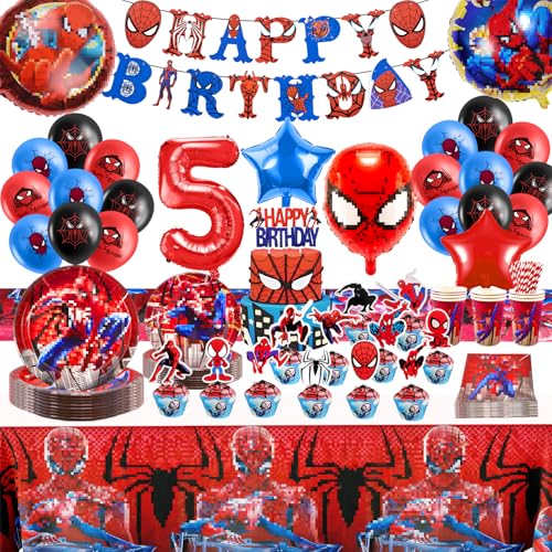 99 Stück Geburtstagsdeko 5 Jahre, Spidey Geburtstagsparty Deko Partygeschirr Set, Kindergeburtstag Dekoration Luftballon Banner Kuchendeko Tischdecke Teller für Kinder Jungen Geburtstagsdeko von Wirhaut