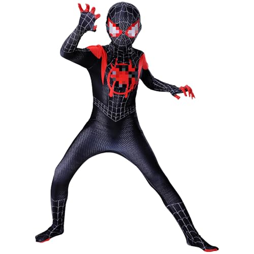 Spider Kostüm, Spider Kostüme Kinder 3D Anime Anzug mit Mask, Schwarz Miles Morales Kostüm, Kinder Cosplay Party Ankleiden Jumpsuit für Karneval Halloween Fasching von Wirhaut