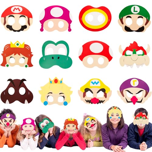 Wirhaut 12 Stück Mar-io Cosplay Party Masken,Super Bros Kinder Party Masken,Maske Party Geburtstag Deko für Jungen Mädchen Kinder Maskerade Cosplay Party Karneval Weihnachten von Wirhaut