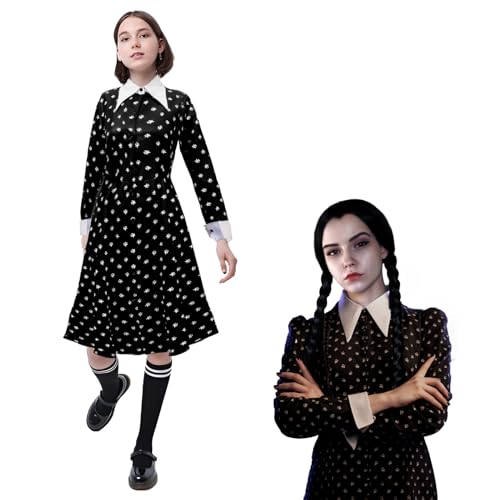 Wirhaut Gothic Kleid Kostüm Kinder Mädchen, Schwarz Kostüm Mädchen Faschingskostüme, Karneval Mädchen Schwarz Midikleid, Family Gothic Outfits für Karneval Halloween Cosplay Party von Wirhaut