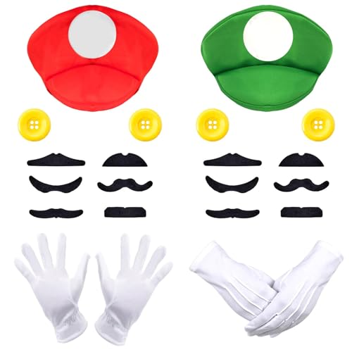 Wirhaut Mari Hüte, Mari Mütze, Super Bros Kostüm Accessories mit Kappen Schnurrbärte Handschuhe Knöpfe, Halloween Karneval Cosplay Thema Party Kostüm für Kinder Erwachsene von Wirhaut