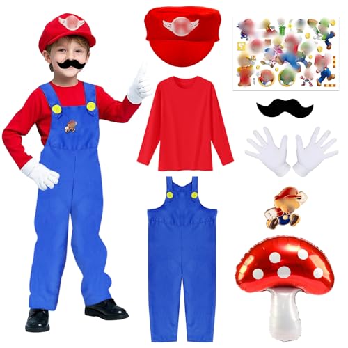 Wirhaut Mar-i Kostüm Kinder, Super Bros Kostüm Jungen, Super Kostüm Set mit Rotes Oberteil Latzhose Mütze Schnurrbärte Handschuhe Brosche Kinder Kostüme für Karneval Halloween Cosplay von Wirhaut