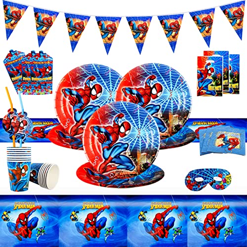 Wirhaut Partygeschirr Geburtstag 48 Stück Partygeschirr Set mit Spider Party Tableware Supplies, Thema Cartoon Partyzubehör Set, Geburtstag Deko Set für 10 Personen von Wirhaut