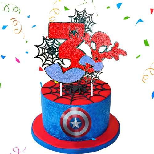 Wirhaut Spider Tortendeko 3 Geburtstag Dekoration, Happy Birthday Tortendek,Geburtstag Kuchendeko Superheld Theme Cupcake Topper für Junge Mädchen Geburtstag Themen Party von Wirhaut