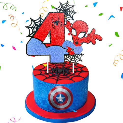 Wirhaut Spider Tortendeko 4 Geburtstag Dekoration, Happy Birthday Tortendek, Geburtstag Kuchendeko Superheld Theme Cupcake Topper für Junge Mädchen Geburtstag Themen Party von Wirhaut