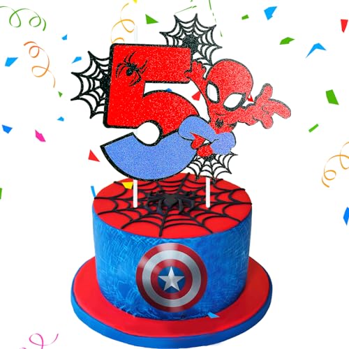 Wirhaut Spider Tortendeko 5 Geburtstag Dekoration, Happy Birthday Tortendek, Geburtstag Kuchendeko Superheld Theme Cupcake Topper für Junge Mädchen Geburtstag Themen Party von Wirhaut