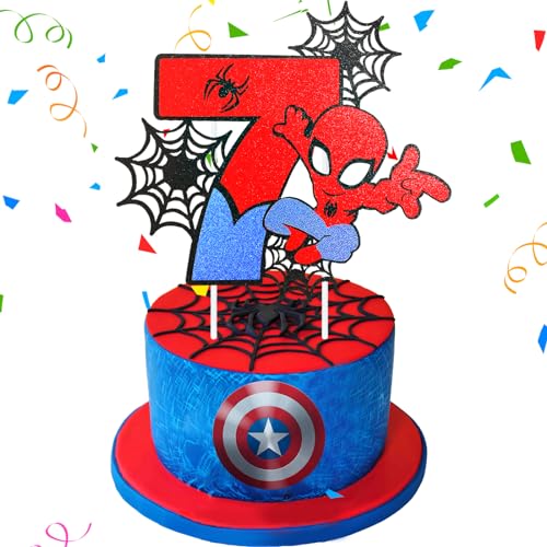 Wirhaut Spider Tortendeko 7 Geburtstag Dekoration, Happy Birthday Tortendek, Geburtstag Kuchendeko Superheld Theme Cupcake Topper für Junge Mädchen Geburtstag Themen Party von Wirhaut