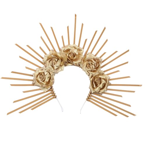 Wisafory Halo Krone Stirnband Göttin Reißverschluss Kopfschmuck Sonnenstrahl Haarband Krawatte Halo Griechische Spiked Kopfbedeckung für Halloween-Kostüm Cosplay Party Frauen Gold Blume von Wisafory