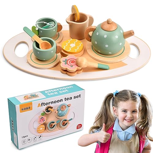 Wisebom 14 Teiliges Teeservice Kinder aus Holz, Teeservice Kinderküche Zubehör Tee Party Rollenspiele Spielgeschirr Tee Set Holzspielzeug Geschenk für Kinder Mädchen Jungen von Wisebom