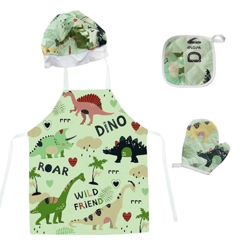 Wisebom Kinderschürze Kinder Backset, 11 Stück Dinosaurier Schürze Handschuhe Kochmütze Nudelholz Kinder Kochset, Rollenspiele Küchenspielzeug Geschenk für Mädchen Jungen (Grün) von Wisebom